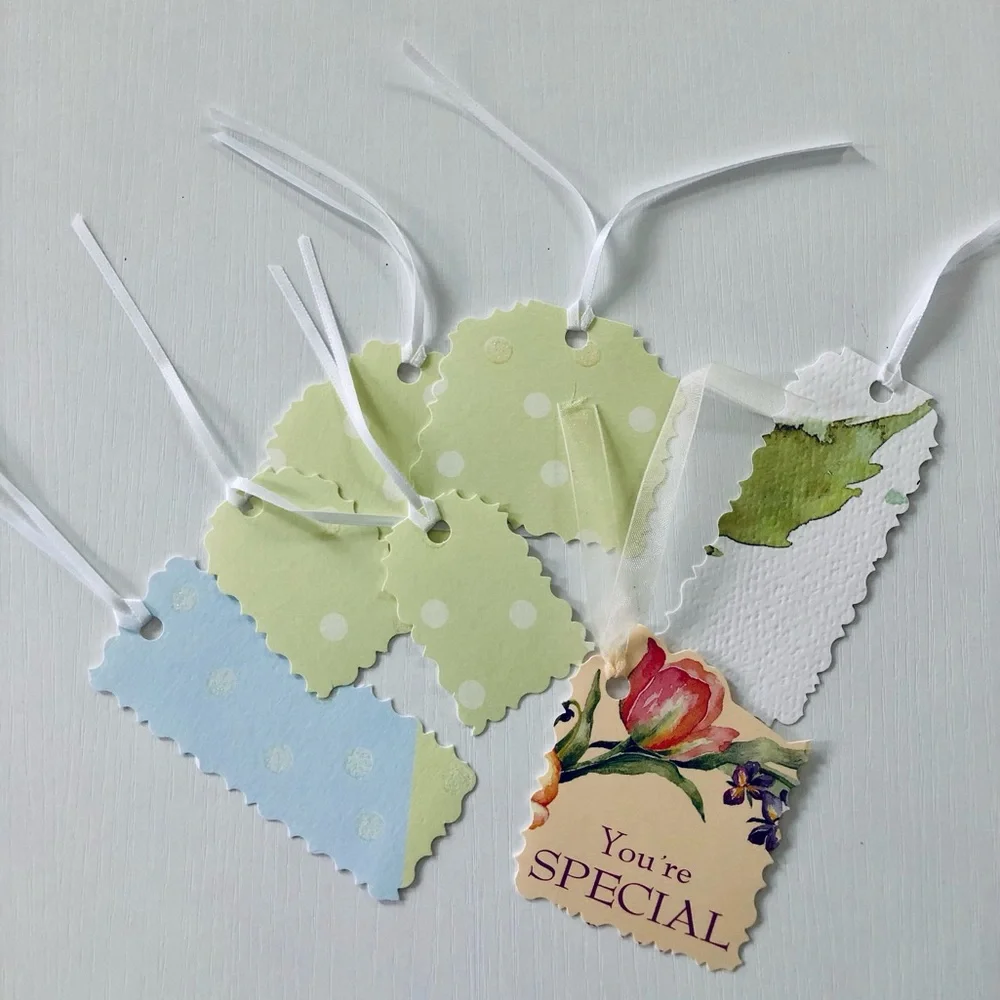 Decorative Gift Tags Set of 16 Heavy card stock satin ribbon ties floral & dot